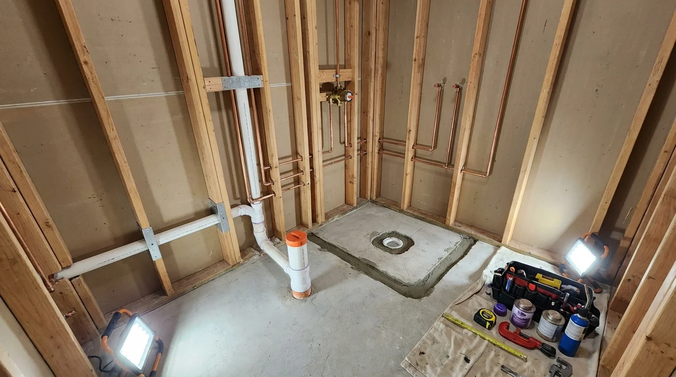 Bathroom rough-in plumbing during remodel by Johns Plumbing LLC in Atwater