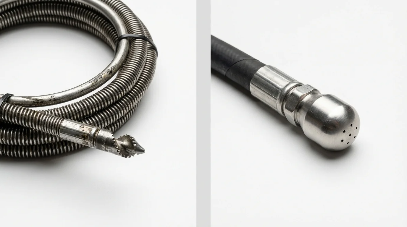 Drain snake cable and hydro jetting nozzle used for drain cleaning in Atwater, CA
