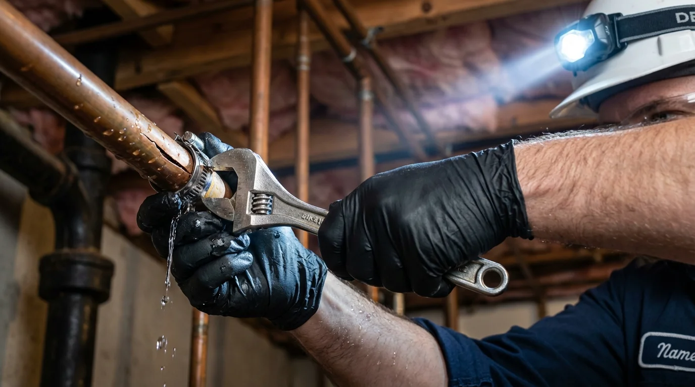 Emergency pipe clamp repair being performed by a Johns Plumbing LLC plumber in Atwater
