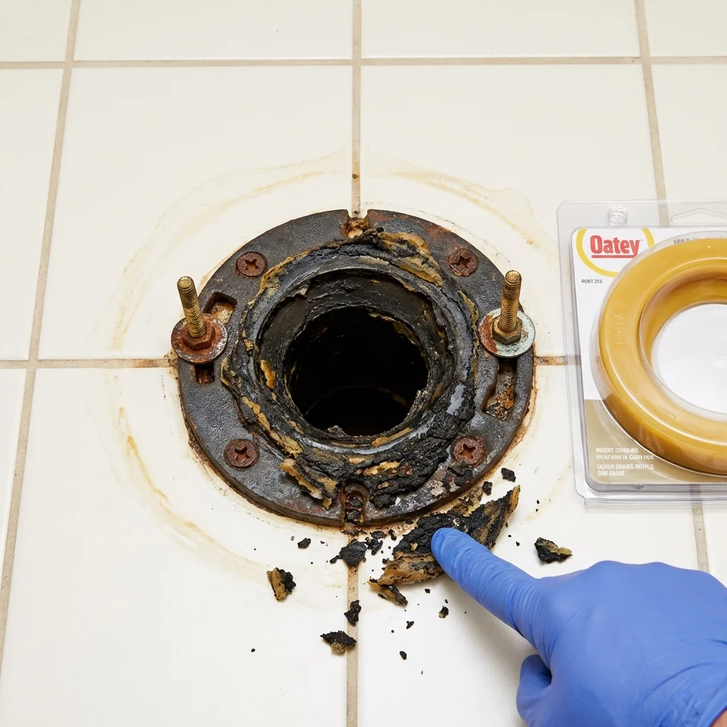 Failed wax ring showing water seepage at the base of a toilet in a Atwater, CA home