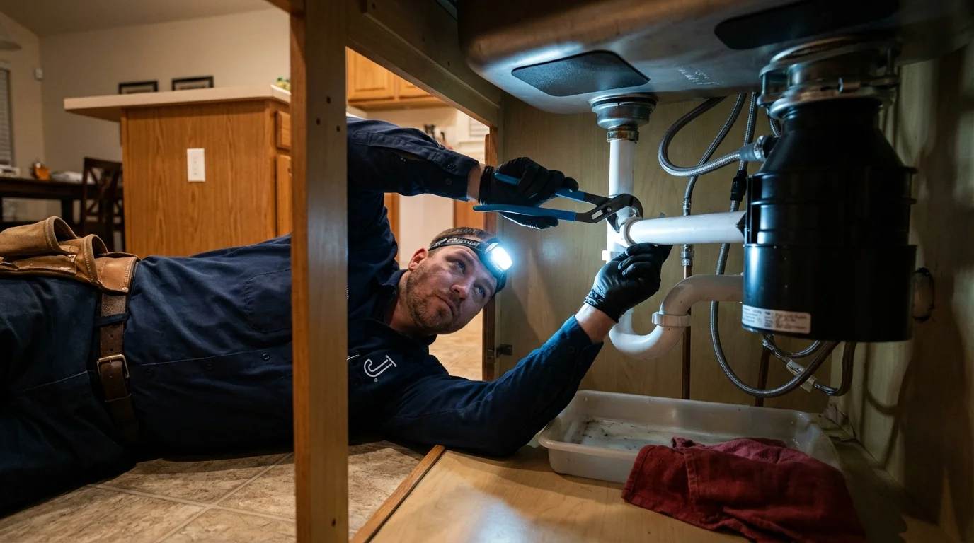 P-trap and supply line connections under a kitchen sink showing a common leak point in Atwater, CA